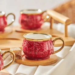 Discount 12-Piece Bone China Espresso Turkish Coffee Cup Set with Bamboo Tray for 6 People, 90ml, Red Multi Espresso & Turkish Coffee Cup Sets