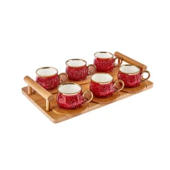 Discount 12-Piece Bone China Espresso Turkish Coffee Cup Set with Bamboo Tray for 6 People, 90ml, Red Multi Espresso & Turkish Coffee Cup Sets