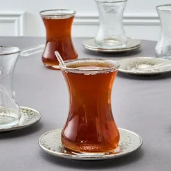 Outlet Ada 18-Piece Turkish Tea Set for 6 People, 130ml, Platin Turkish Tea Sets