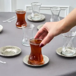 Outlet Ada 18-Piece Turkish Tea Set for 6 People, 130ml, Platin Turkish Tea Sets