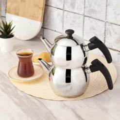 Best Adelya Stainless Steel Induction Teapot Set, Small, Silver Black Turkish Coffee Pots|Turkish Teapots