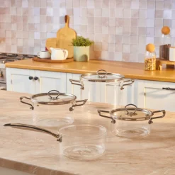 Outlet Amore 7-Piece Borosilicate Cookware Set, Transparent Borosilicate Cookware Set