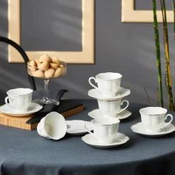 New Çan 12-Piece Porcelain Espresso Turkish Coffee Cup Set for 6 People, 90ml, White Gold Espresso & Turkish Coffee Cup Sets