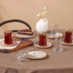 Aris 12 Piece Glass Turkish Tea Set for 6 People, 150ml, Multi Turkish Tea Sets