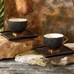 Discount Art Deco 4 Piece Porcelain Turkish Coffee Cup Set for 2 People, 90ml, Black Gold Espresso & Turkish Coffee Cup Sets