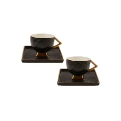 Discount Art Deco 4 Piece Porcelain Turkish Coffee Cup Set for 2 People, 90ml, Black Gold Espresso & Turkish Coffee Cup Sets