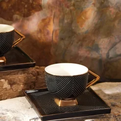 Discount Art Deco 4 Piece Porcelain Turkish Coffee Cup Set for 2 People, 90ml, Black Gold Espresso & Turkish Coffee Cup Sets