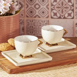 Outlet Art Deco 4 Piece Porcelain Espresso Turkish Coffee Cup Set for 2 People, 90ml, Gold White Espresso & Turkish Coffee Cup Sets