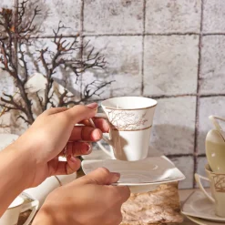 Best Autumn 12 Piece Porcelain Espresso Turkish Coffee Cup Set for 6 People, 85ml, Gold White Espresso & Turkish Coffee Cup Sets