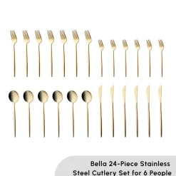 Hot Bella 24-Piece Cutlery Set for 6 People, Shiny Gold Cutlery Sets