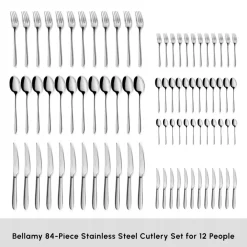 New Bellamy 84-Piece Stainless Steel Cutlery Set for 12 People, Silver Cutlery Sets