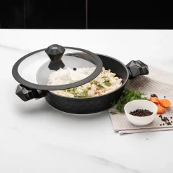 Discount BioDiamond Non-Stick Antibacterial Handle Induction Shallow Casserole with Lid, 3.2L, Black Pots|Induction Cookware