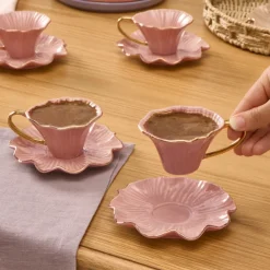 Online Bliss 12-Piece Porcelain Turkish Coffee Cup Set for 6 People, 90ml, Pink Espresso & Turkish Coffee Cup Sets