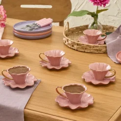 Online Bliss 12-Piece Porcelain Turkish Coffee Cup Set for 6 People, 90ml, Pink Espresso & Turkish Coffee Cup Sets