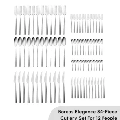 Discount Boreas 84-Piece Stainless Steel Cutlery Set for 12 People, Silver Cutlery Sets