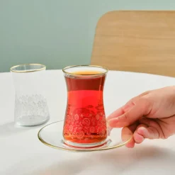 Online Brugge 12-Piece Glass Turkish Tea Set for 6 People, Gold Turkish Tea Sets