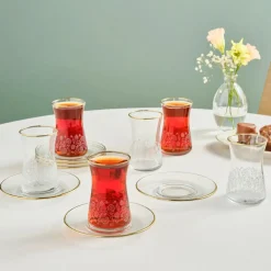 Online Brugge 12-Piece Glass Turkish Tea Set for 6 People, Gold Turkish Tea Sets