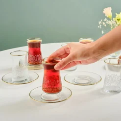 Online Brugge 12-Piece Glass Turkish Tea Set for 6 People, Gold Turkish Tea Sets