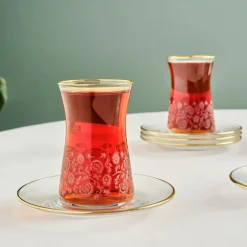 Online Brugge 12-Piece Glass Turkish Tea Set for 6 People, Gold Turkish Tea Sets