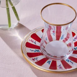 Outlet Bursa 12-Piece Glass Turkish Tea Set for 6 People, 132ml, Red Turkish Tea Sets