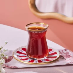 Outlet Bursa 12-Piece Glass Turkish Tea Set for 6 People, 132ml, Red Turkish Tea Sets