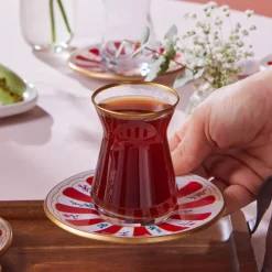 Outlet Bursa 12-Piece Glass Turkish Tea Set for 6 People, 132ml, Red Turkish Tea Sets
