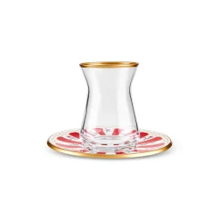 Outlet Bursa 12-Piece Glass Turkish Tea Set for 6 People, 132ml, Red Turkish Tea Sets