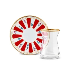 Outlet Bursa 12-Piece Glass Turkish Tea Set for 6 People, 132ml, Red Turkish Tea Sets