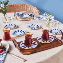 Best Bursa 12-Piece Glass Turkish Tea Set for 6 People, 132ml, Navy Turkish Tea Sets