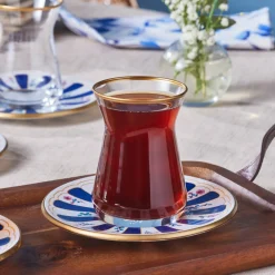 Best Bursa 12-Piece Glass Turkish Tea Set for 6 People, 132ml, Navy Turkish Tea Sets