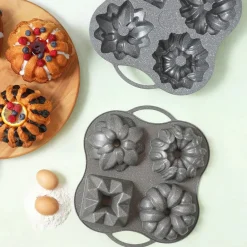New Cake Pro Aluminium Cast Decorative Bundt Cake Tin, 4 Piece, 28cmx35cm, Anthracite Cake Tins