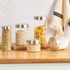 Online Cast 5 Piece Glass Storage Jar, Silver Transparent Storage Jars