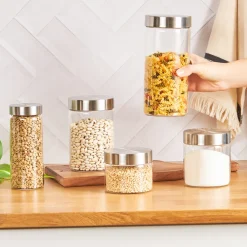 Online Cast 5 Piece Glass Storage Jar, Silver Transparent Storage Jars