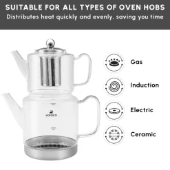 Dora Borosilicate Glass Induction Teapot Set, Xlarge, Transparent Turkish Coffee Pots|Turkish Teapots