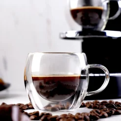 Hot Double Wall Borosilicate Glass Cup Set with Handle for 2 People, 150ml, Transparent Coffee Glasses