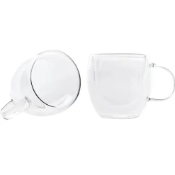 Hot Double Wall Borosilicate Glass Cup Set with Handle for 2 People, 150ml, Transparent Coffee Glasses