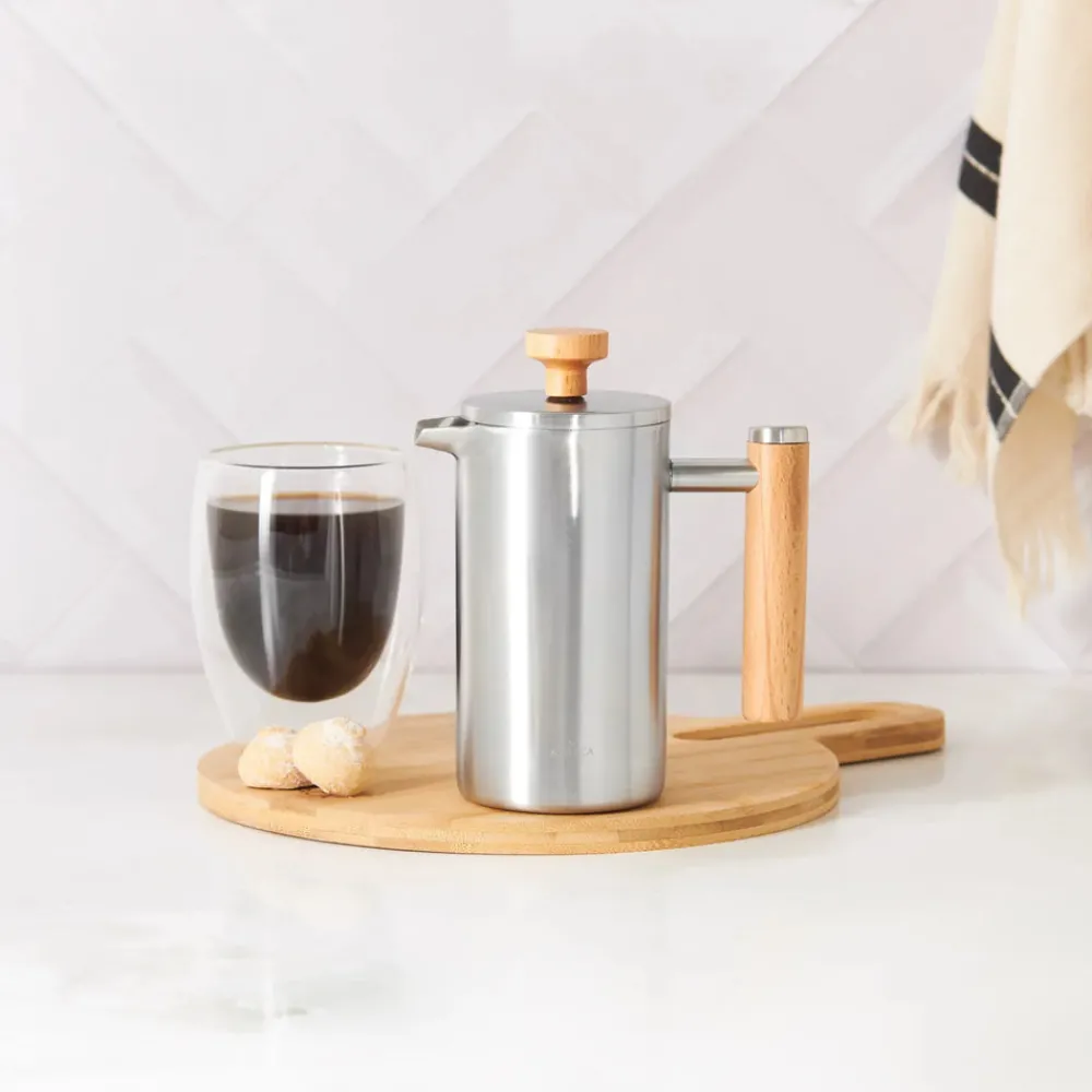 Double Wall Stainless Steel French Press with Oak Handle, 350ml, Silver Oak French Press