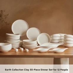 Best Earth Collection Clay 55-Piece Porcelain Dinner Set for 12 People, White Porcelain Dinner Sets