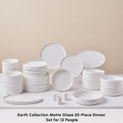 Discount Earth Collection Matte Glaze 55-Piece Porcelain Dinner Set for 12 People, White See All Dinner Sets|Porcelain Dinner Sets