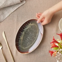 Hot Earth Collection New Galactic Reactive Glaze Serving Platter, 24cm, White Serving Platters