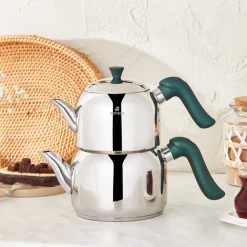 Hot Edana Stainless Steel Induction Teapot Set, Medium, Green Silver Turkish Coffee Pots|Turkish Teapots