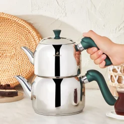 Hot Edana Stainless Steel Induction Teapot Set, Medium, Green Silver Turkish Coffee Pots|Turkish Teapots