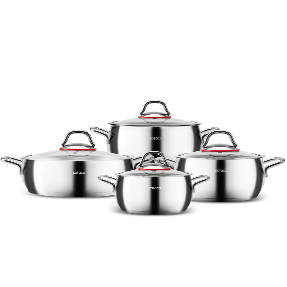 Online Emirgan 8-Piece Stainless Steel Induction Cookware Set, Silver Red Induction Cookware|Stainless Steel Cookware Sets