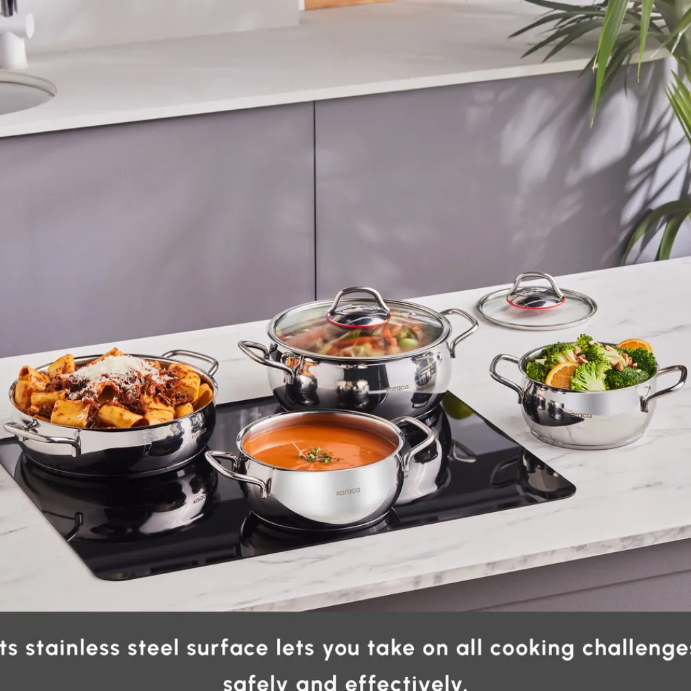 Online Emirgan 8-Piece Stainless Steel Induction Cookware Set, Silver Red Induction Cookware|Stainless Steel Cookware Sets