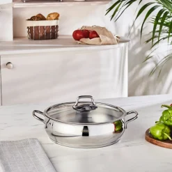 Emirgan Stainless Steel Shallow Casserole with Lid, 26cm, Silver Pots