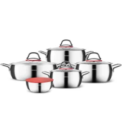 Sale Emirgan XL 10-Piece Stainless Steel Induction Cookware Set with Storage Container, Silver Red Induction Cookware|Stainless Steel Cookware Sets