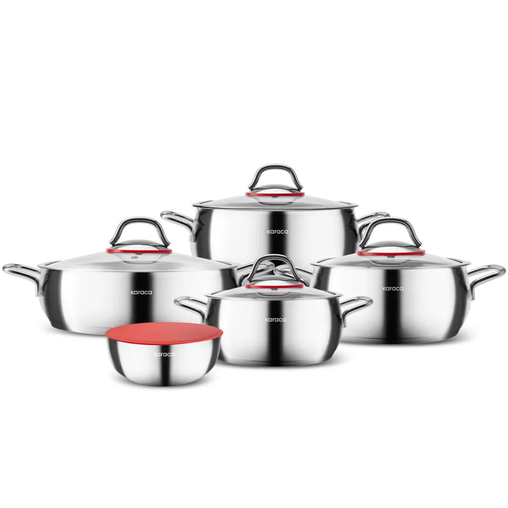 Sale Emirgan XL 10-Piece Stainless Steel Induction Cookware Set with Storage Container, Silver Red Induction Cookware|Stainless Steel Cookware Sets