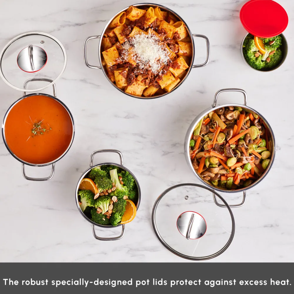 Sale Emirgan XL 10-Piece Stainless Steel Induction Cookware Set with Storage Container, Silver Red Induction Cookware|Stainless Steel Cookware Sets