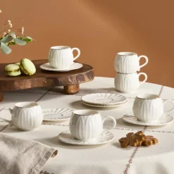 Sale Eylul 12-Piece Bone China Espresso Turkish Coffee Cup Set for 6 People, 85ml, White Espresso & Turkish Coffee Cup Sets