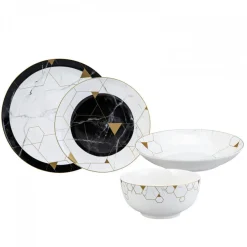 Clearance Gem 24-Piece Bone China Dinner Set for 6 People, Black Gold White See All Dinner Sets|Bone China Dinner Sets